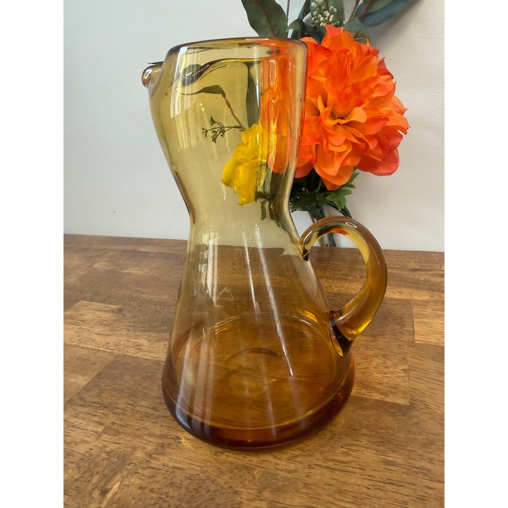 Vintage Amber Handβ Blown Art Glass Pitcher Pedestal Base MCM Barware Decor Bar - Picture 3 of 10